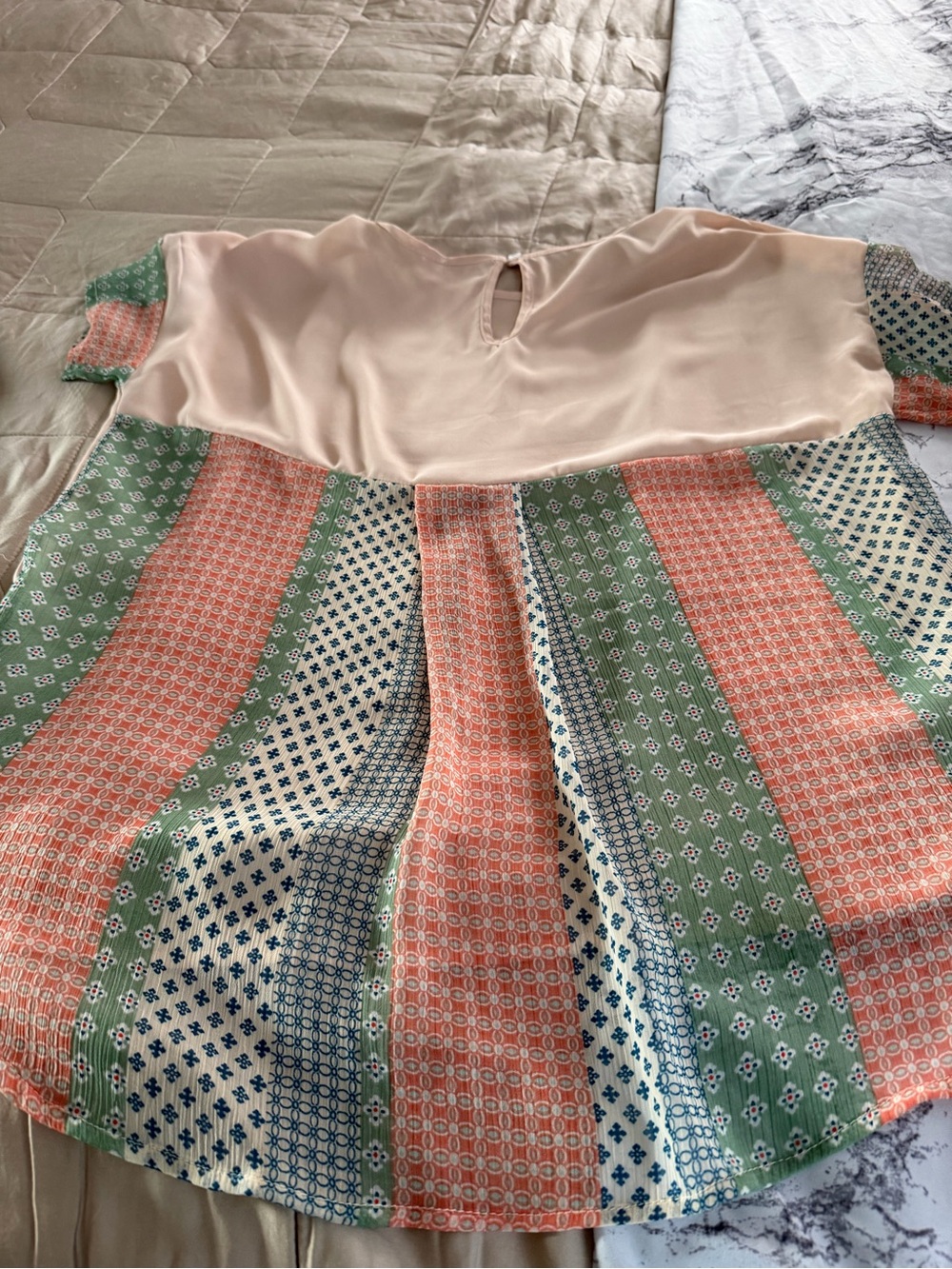 Peach Top with Coral, Green and Navy Patchwork Stripes